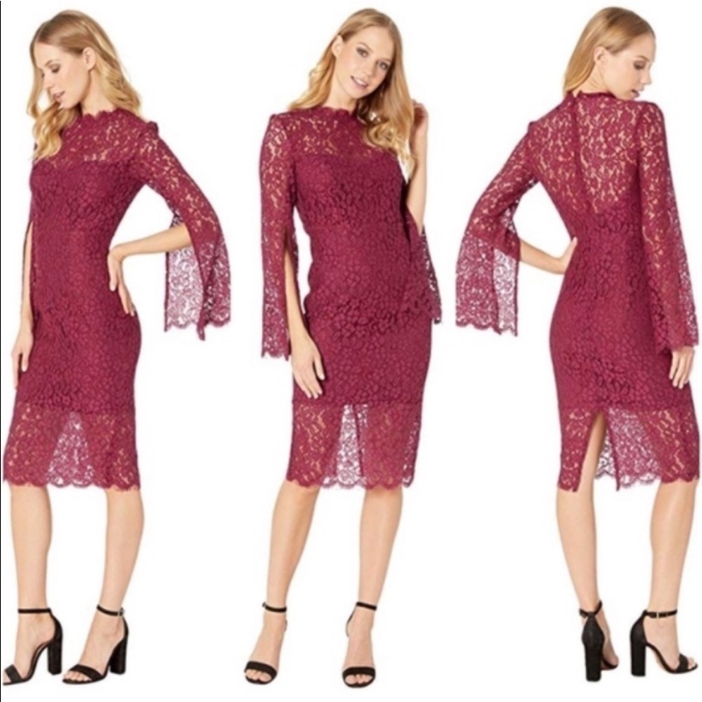 NWT Bardot Size 10 / Large Long Sleeve Maroon Midi Lace Dress Split Cuffs